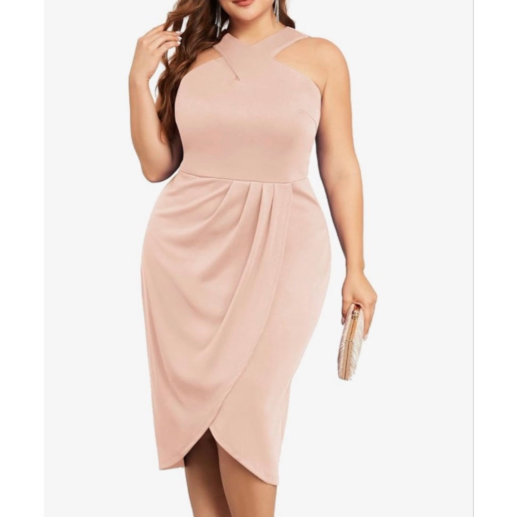 New Pink Plus Size Cocktail Fornal Halterneck Slit Bodycon Ruched Dress 20